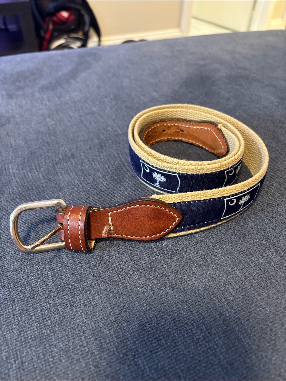 Navy Palmetto/South Carolina State Flag Canvas Belt with Brown Leather Trim